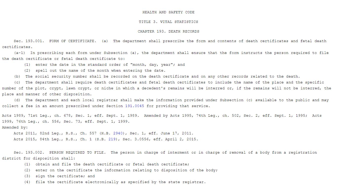 HEALTH AND SAFETY CODE CHAPTER 193. DEATH RECORDS - Texas